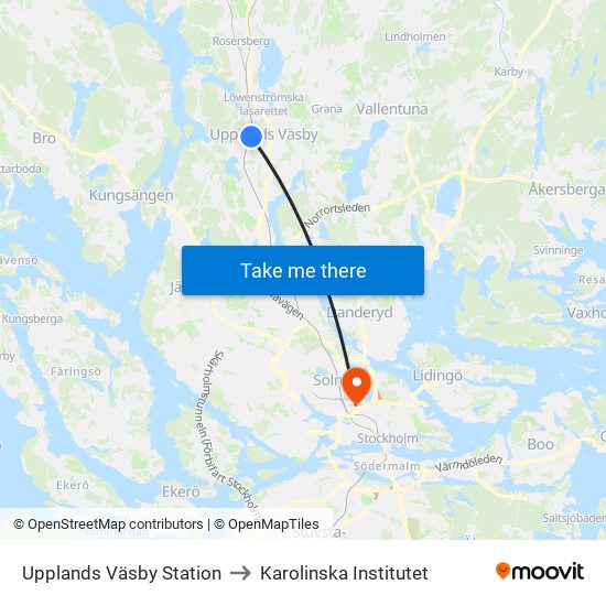 Upplands Väsby Station to Karolinska Institutet map