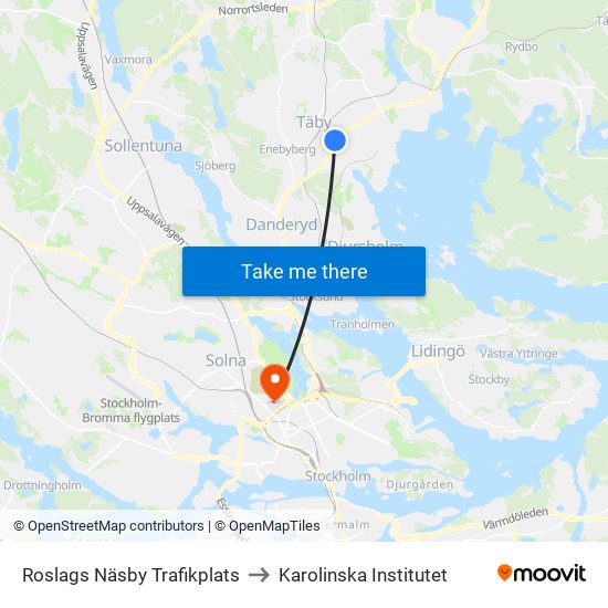 Roslags Näsby Trafikplats to Karolinska Institutet map