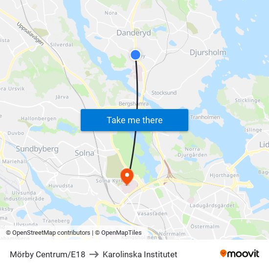 Mörby Centrum/E18 to Karolinska Institutet map