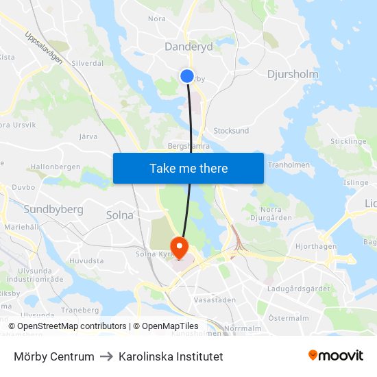 Mörby Centrum to Karolinska Institutet map