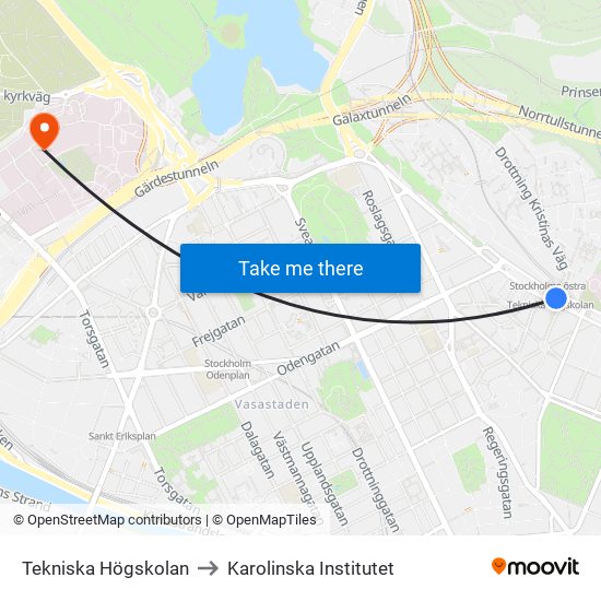 Tekniska Högskolan to Karolinska Institutet map