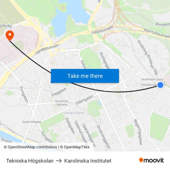 Tekniska Högskolan to Karolinska Institutet map