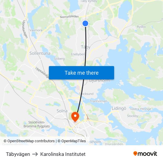 Täbyvägen to Karolinska Institutet map