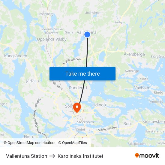 Vallentuna Station to Karolinska Institutet map