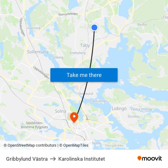 Gribbylund Västra to Karolinska Institutet map