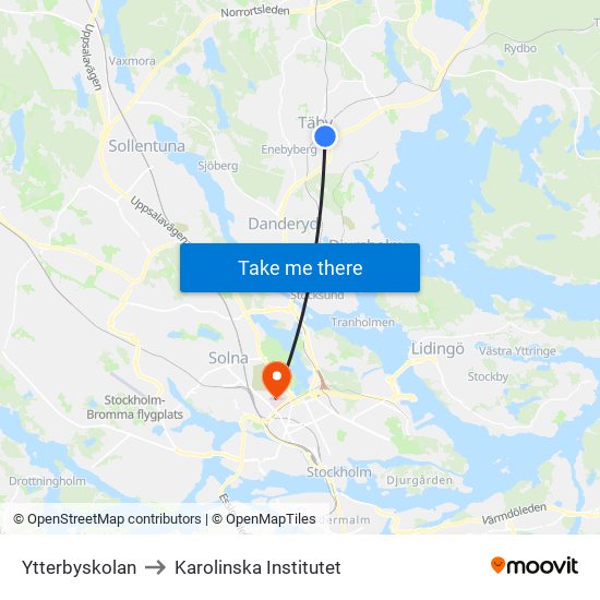 Ytterbyskolan to Karolinska Institutet map