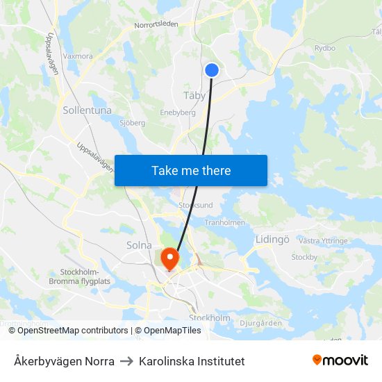 Åkerbyvägen Norra to Karolinska Institutet map