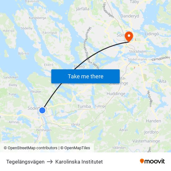 Tegelängsvägen to Karolinska Institutet map