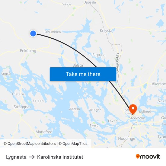 Lygnesta to Karolinska Institutet map