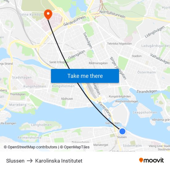 Slussen to Karolinska Institutet map