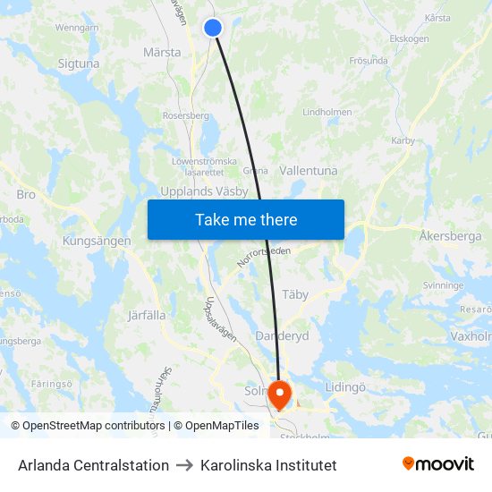 Arlanda Centralstation to Karolinska Institutet map