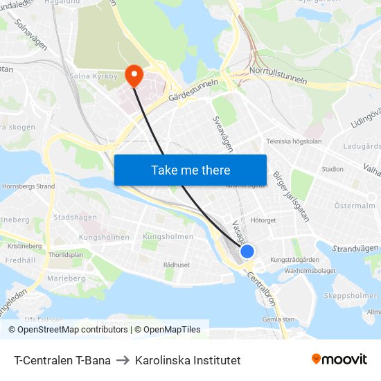 T-Centralen T-Bana to Karolinska Institutet map