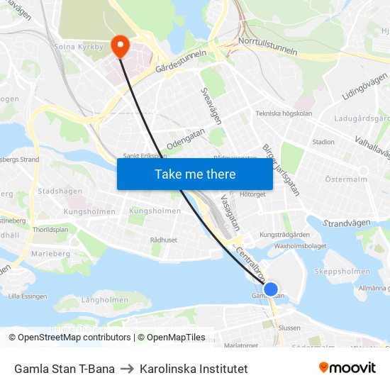 Gamla Stan T-Bana to Karolinska Institutet map