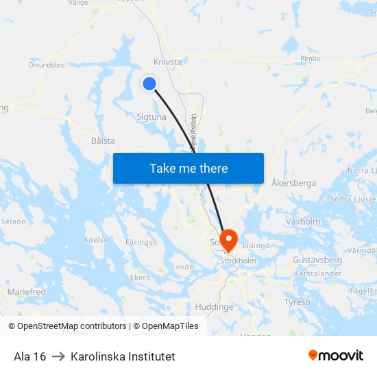 Ala 16 to Karolinska Institutet map