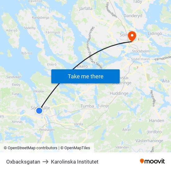 Oxbacksgatan to Karolinska Institutet map