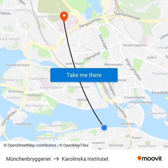 Münchenbryggeriet to Karolinska Institutet map