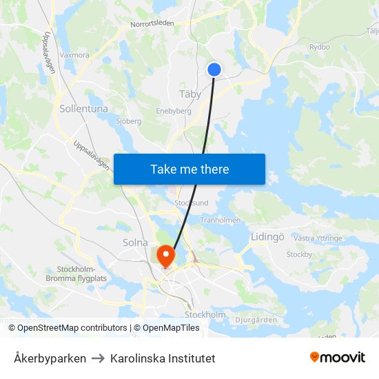 Åkerbyparken to Karolinska Institutet map