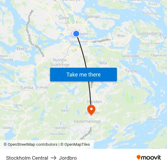 Stockholm Central to Jordbro map