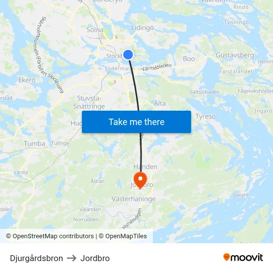 Djurgårdsbron to Jordbro map
