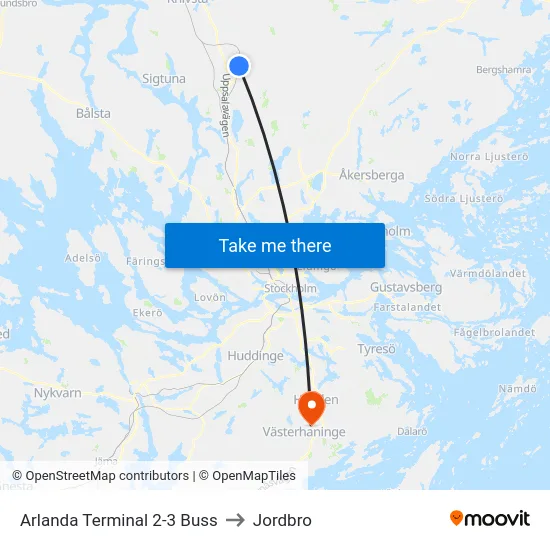 Arlanda Terminal 2-3 Buss to Jordbro map