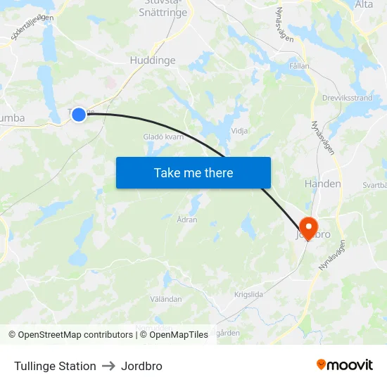 Tullinge Station to Jordbro map