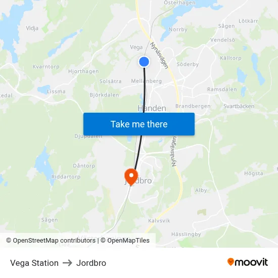 Vega Station to Jordbro map