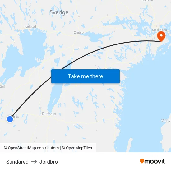 Sandared to Jordbro map