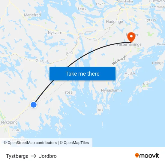 Tystberga to Jordbro map