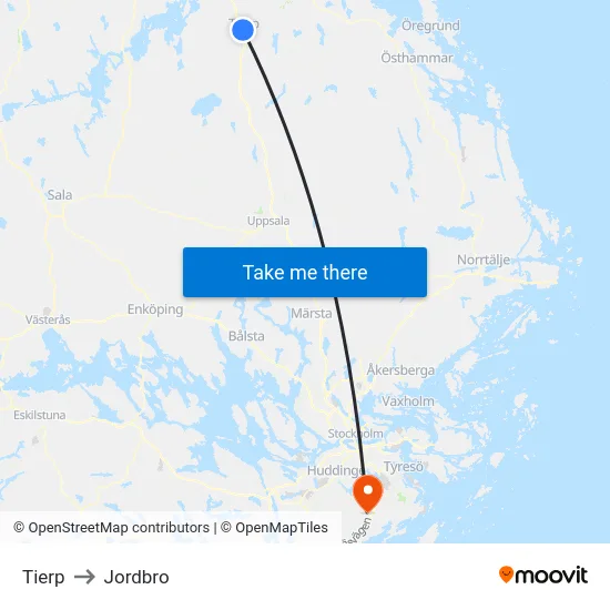 Tierp to Jordbro map