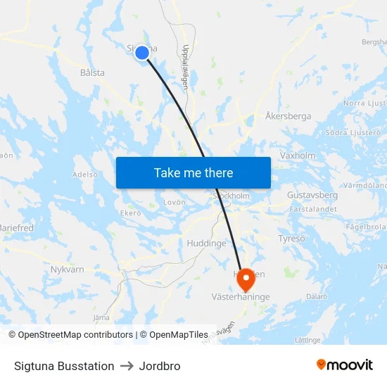 Sigtuna Busstation to Jordbro map