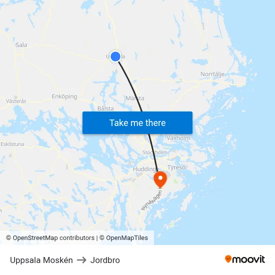 Uppsala Moskén to Jordbro map