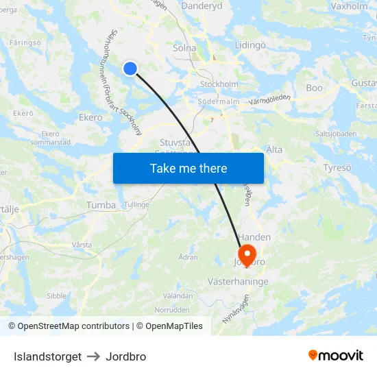 Islandstorget to Jordbro map