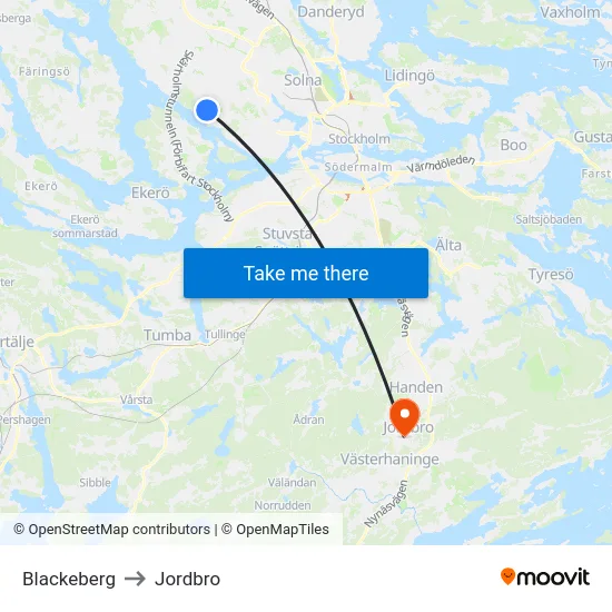 Blackeberg to Jordbro map