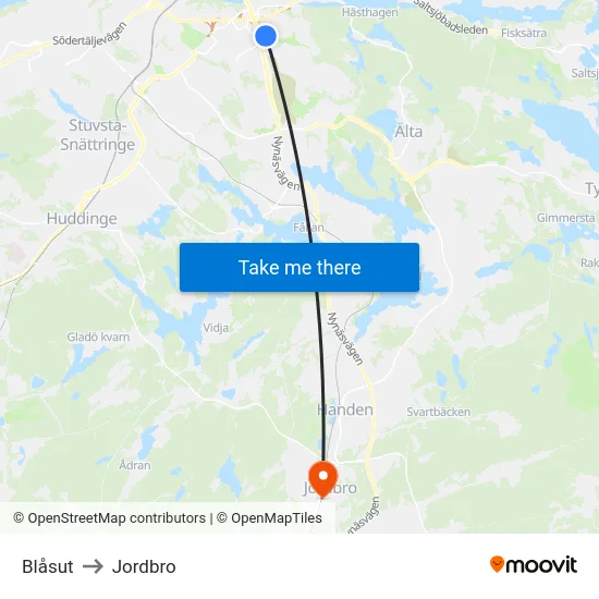 Blåsut to Jordbro map