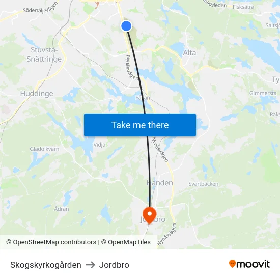 Skogskyrkogården to Jordbro map