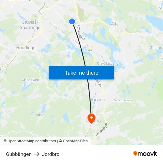 Gubbängen to Jordbro map
