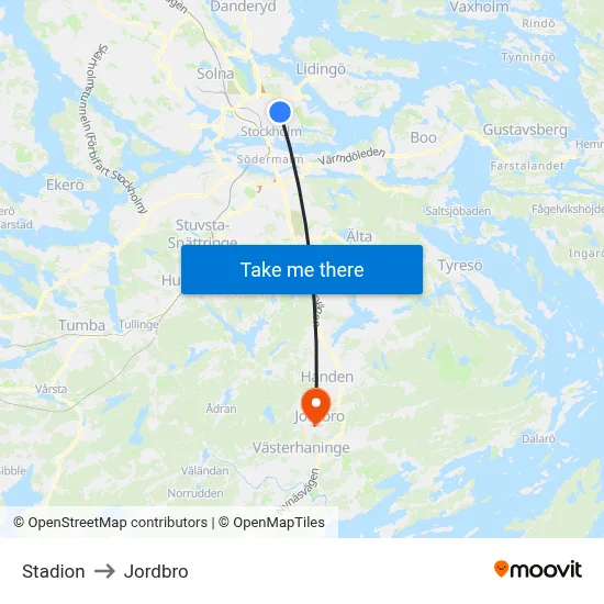 Stadion to Jordbro map