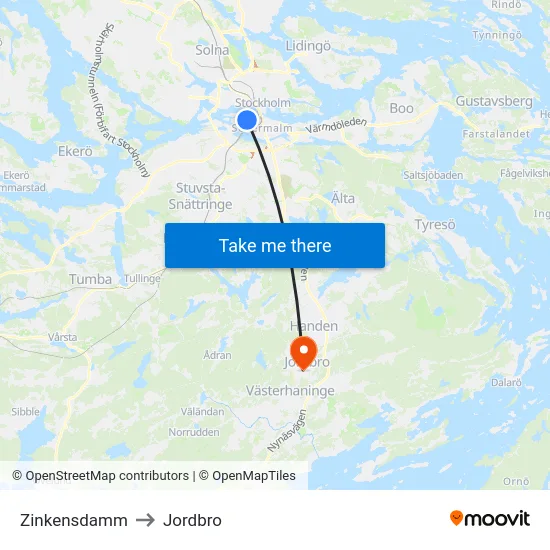 Zinkensdamm to Jordbro map