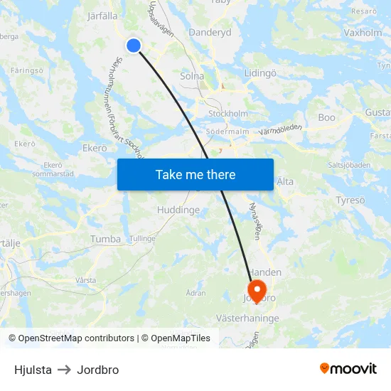 Hjulsta to Jordbro map