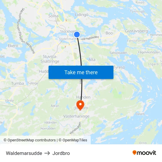 Waldemarsudde to Jordbro map