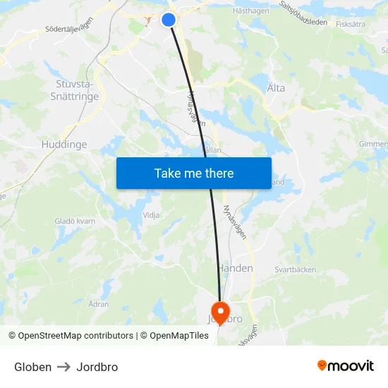 Globen to Jordbro map