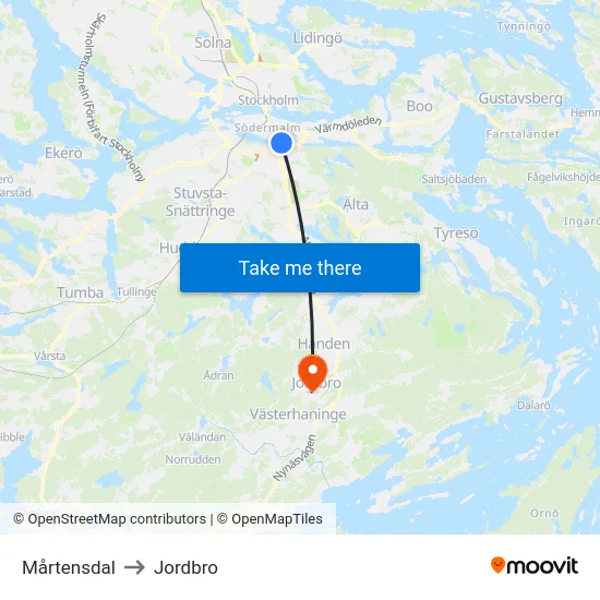 Mårtensdal to Jordbro map