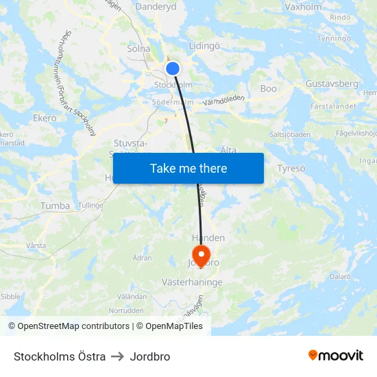Stockholms Östra to Jordbro map