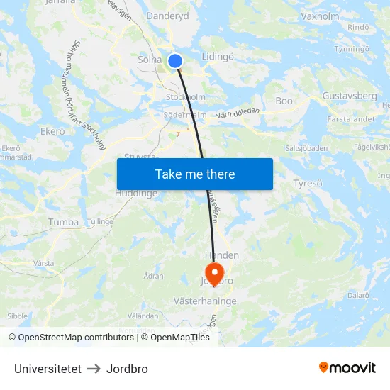 Universitetet to Jordbro map