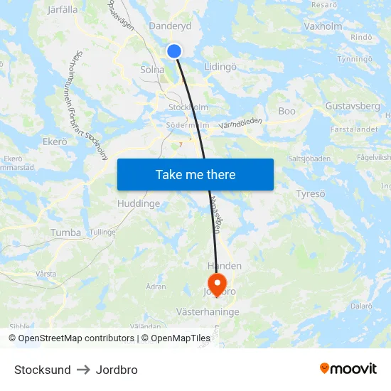 Stocksund to Jordbro map