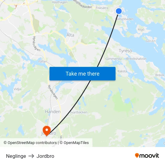 Neglinge to Jordbro map