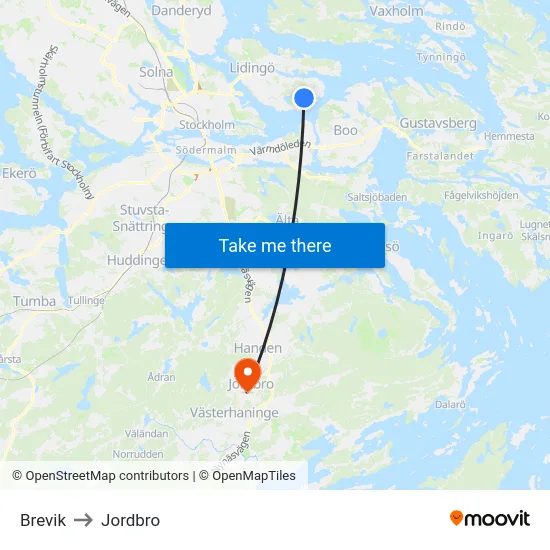 Brevik to Jordbro map