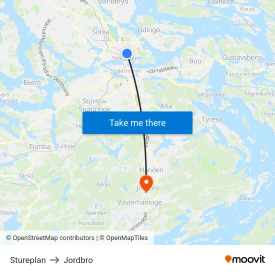 Stureplan to Jordbro map