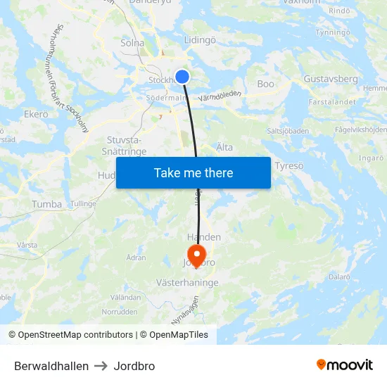 Berwaldhallen to Jordbro map