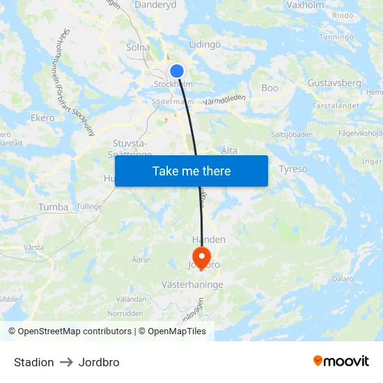 Stadion to Jordbro map